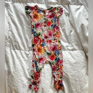 Posh Peanut Ruffled Cap Sleeve Henley Romper, Floral